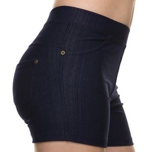 High Waist Faux Denim Jean Ponte Shorts | Blue